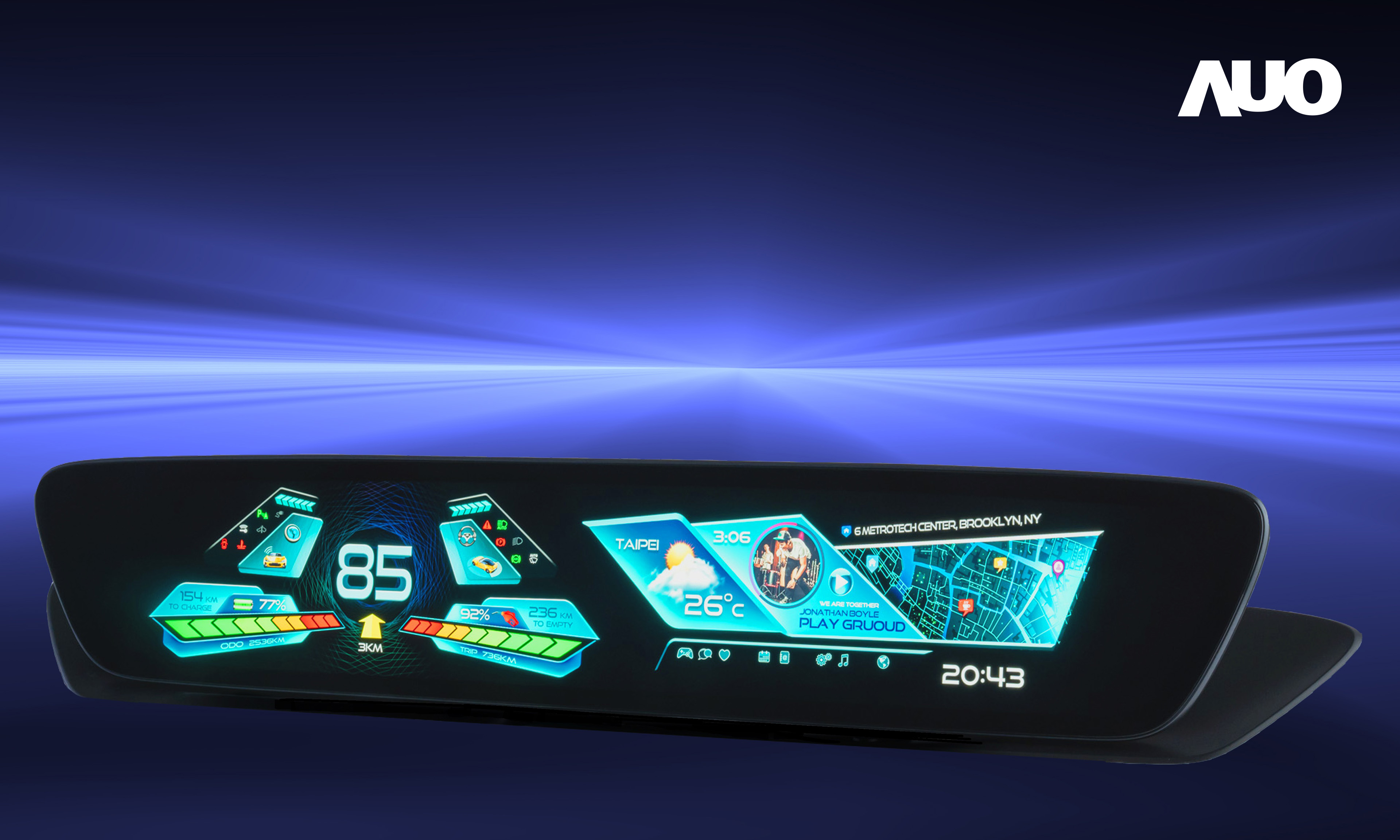 友達30.4吋異形曲面AmLED車載顯示系統，為一兼具儀表板及中控台人機介面的創新車載顯示系統，結合美學設計，提升車內科技沉浸感及使用體驗，讓車載顯示的未來應用更加多元化