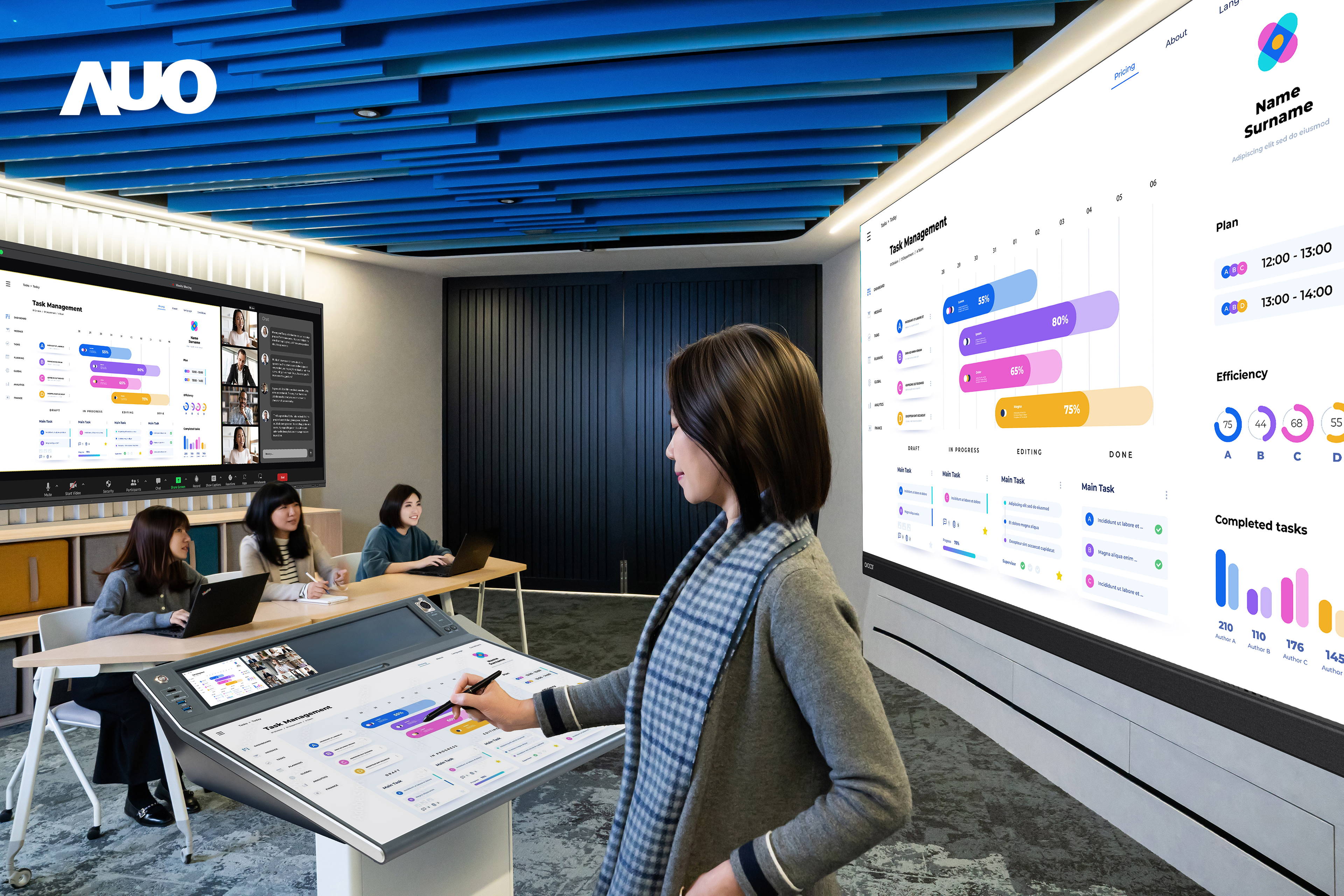 达擎携手Avocor与Rise Vision展示全方位商务领域应用，包含采用模块化设计的138吋一体式All-in-One LED显示器及具21:9超宽比例的92吋交互式电子白板（IFPD），讲者可轻松分享内容，有效提升会议协作效率。